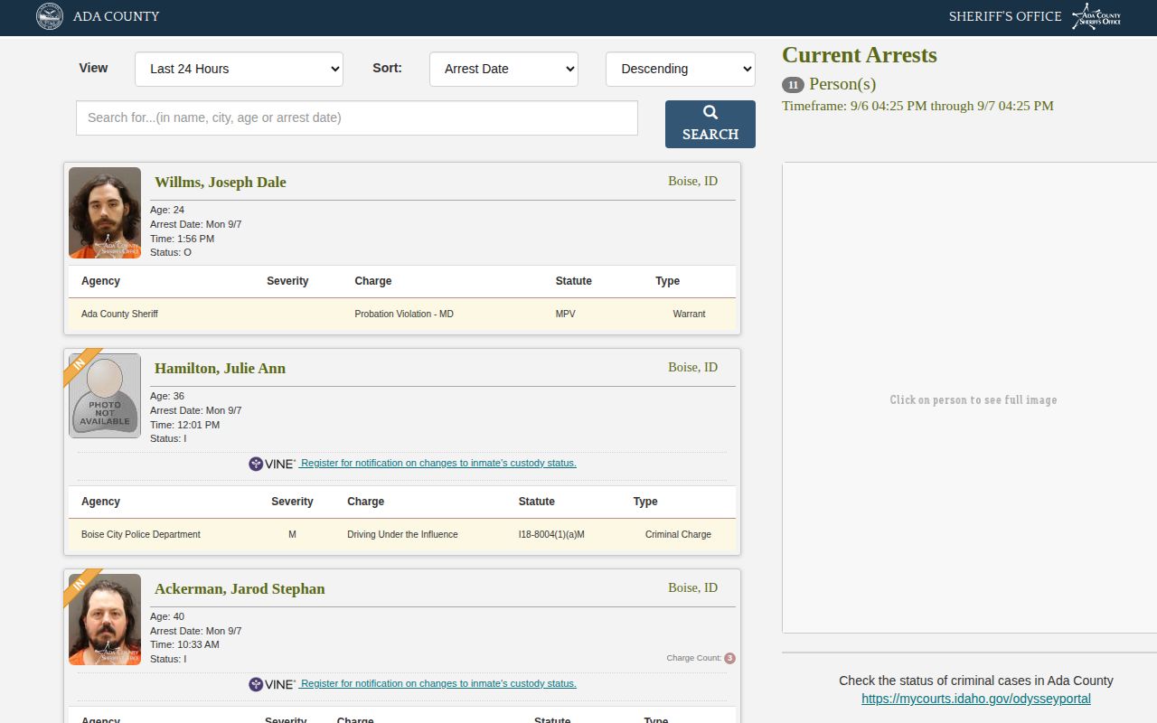 Ada County Sheriff arrest report selector and search interface