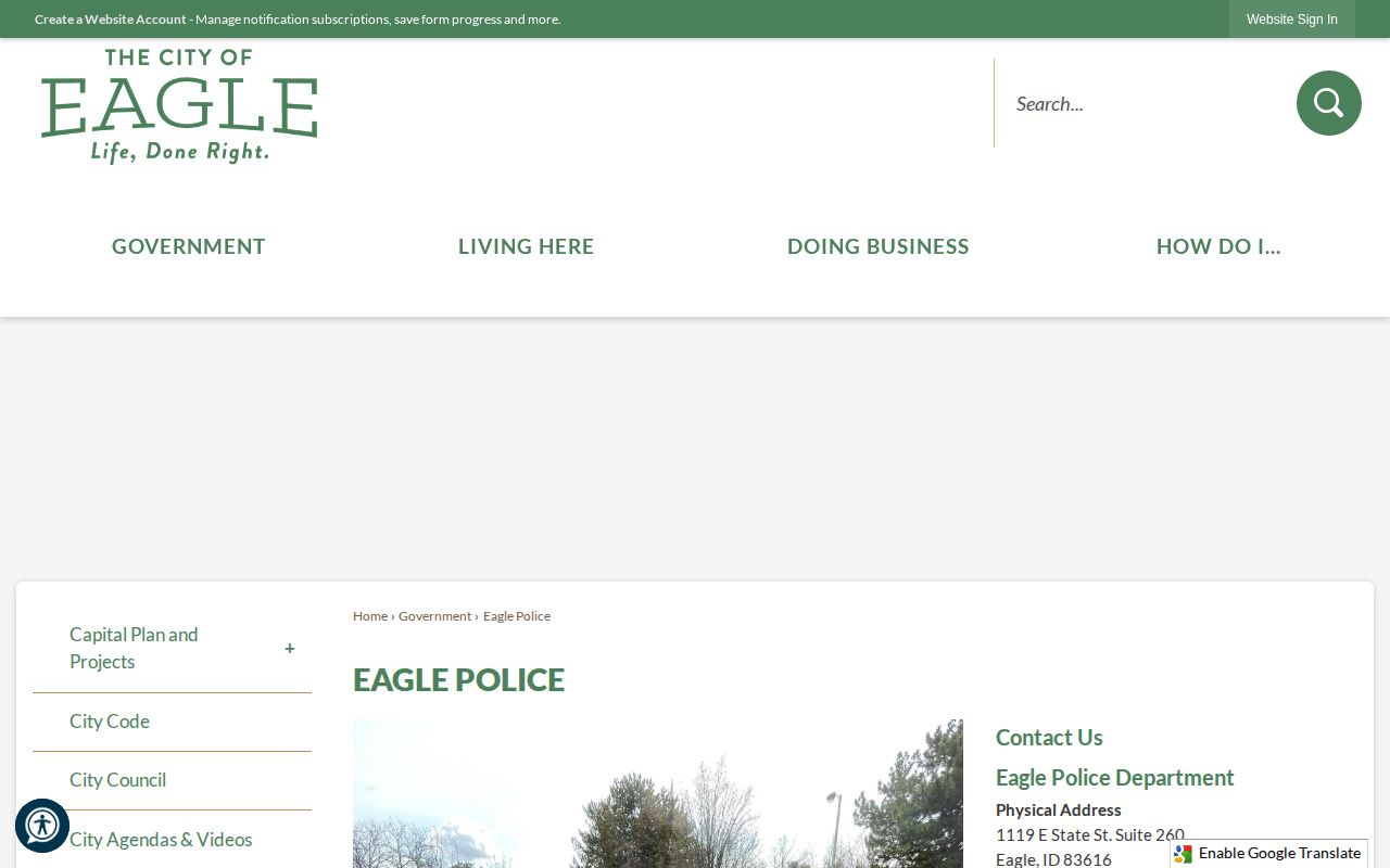 Official Eagle Police webpage describing Ada County Sheriff contracted police services