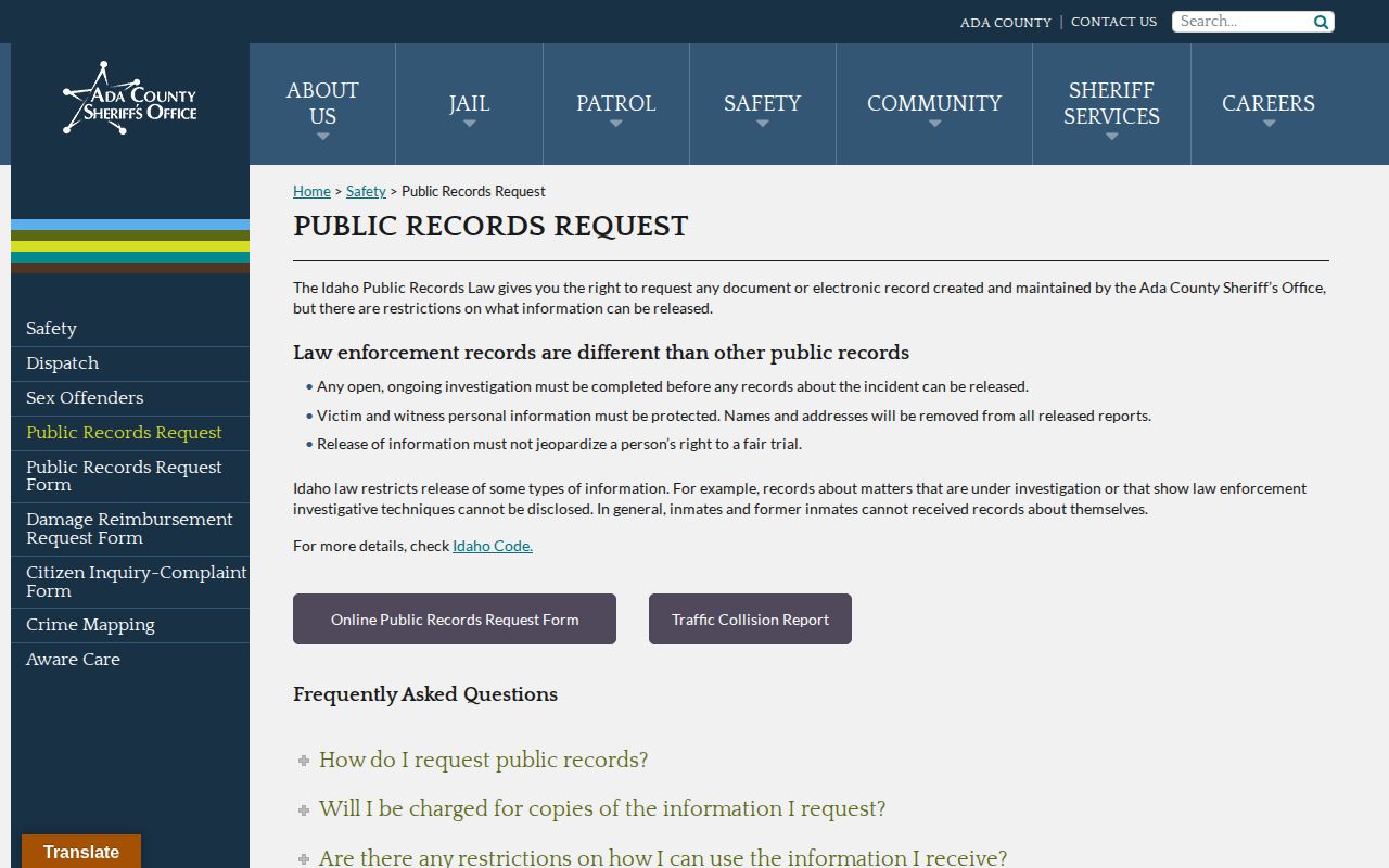 Ada County Sheriff public records request information